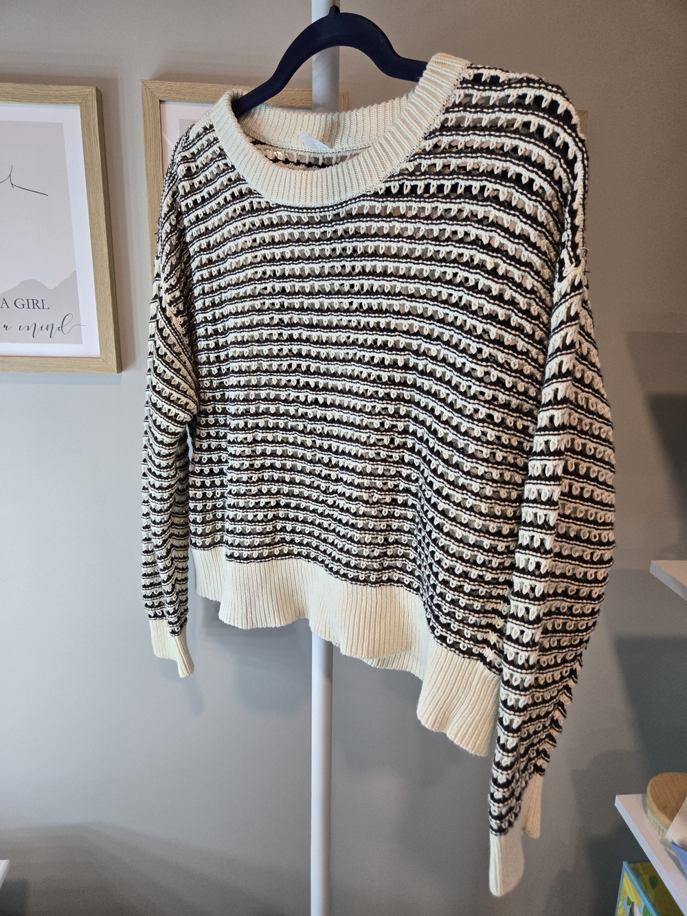 Old Navy Open Knit Cream and Black Textured Crewneck Sweater